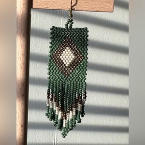 Green, gold and white beaded earrings